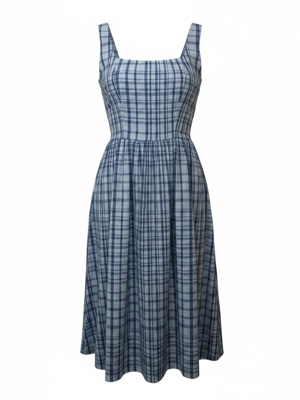 Sleeveless Blue Plaid Square-Neck Midi Dress
